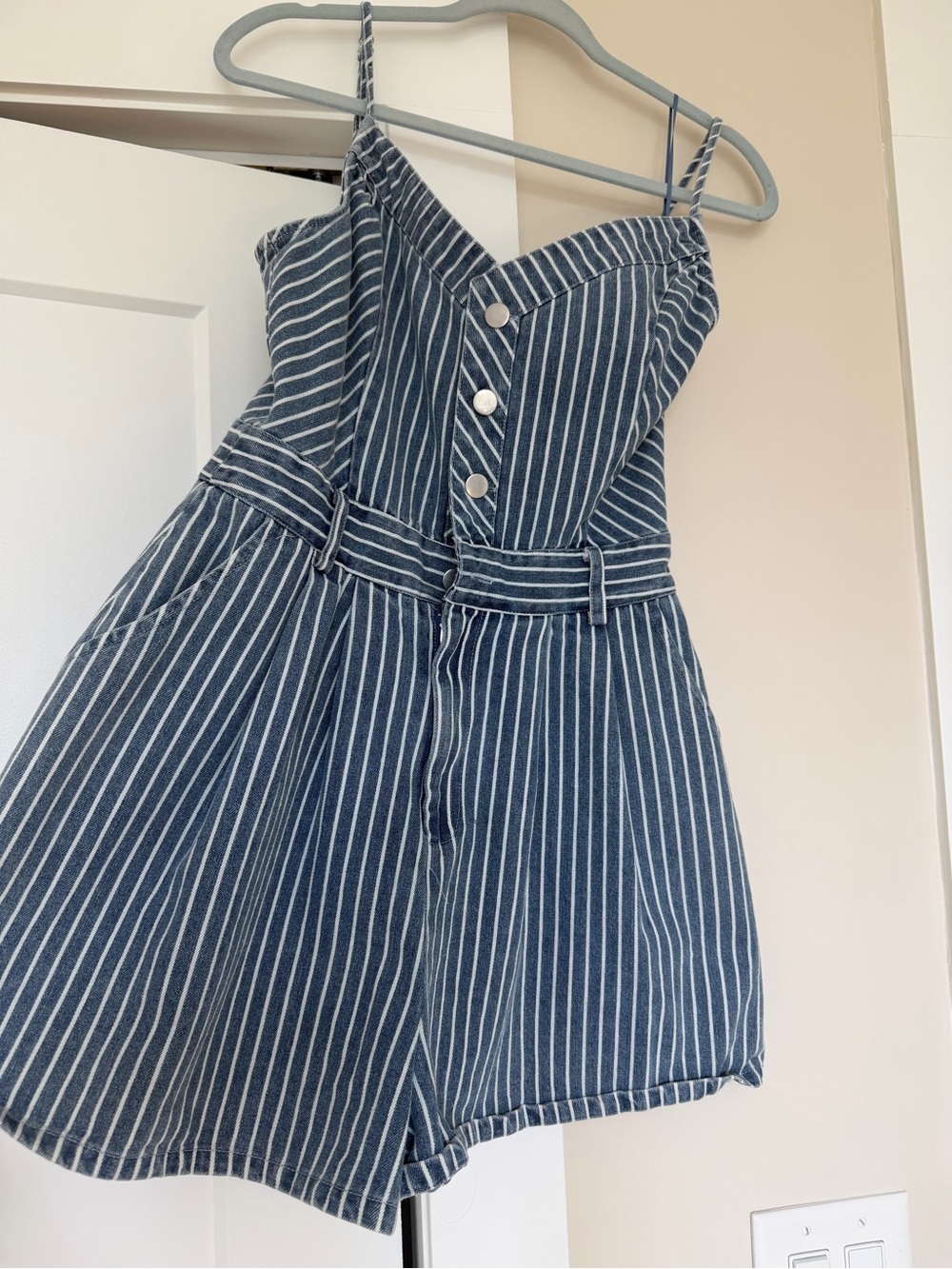 Flying Tomato Blue Stripe Denim Romper | Sleeveless Utility Shorts | Women’s S